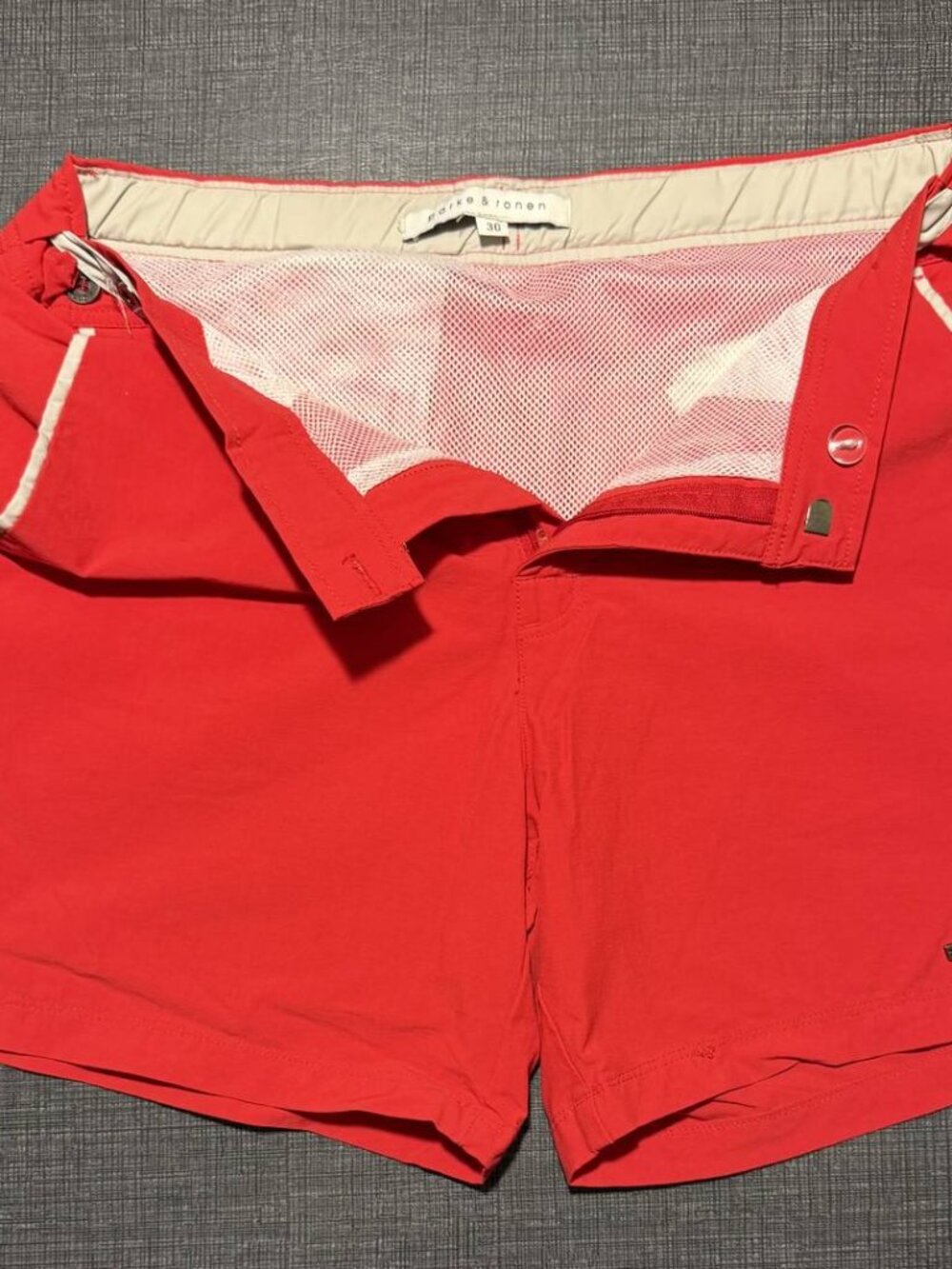Parke & Ronen: Cherry Red Swim Shorts with White Piping Sz 30 4" Inseam